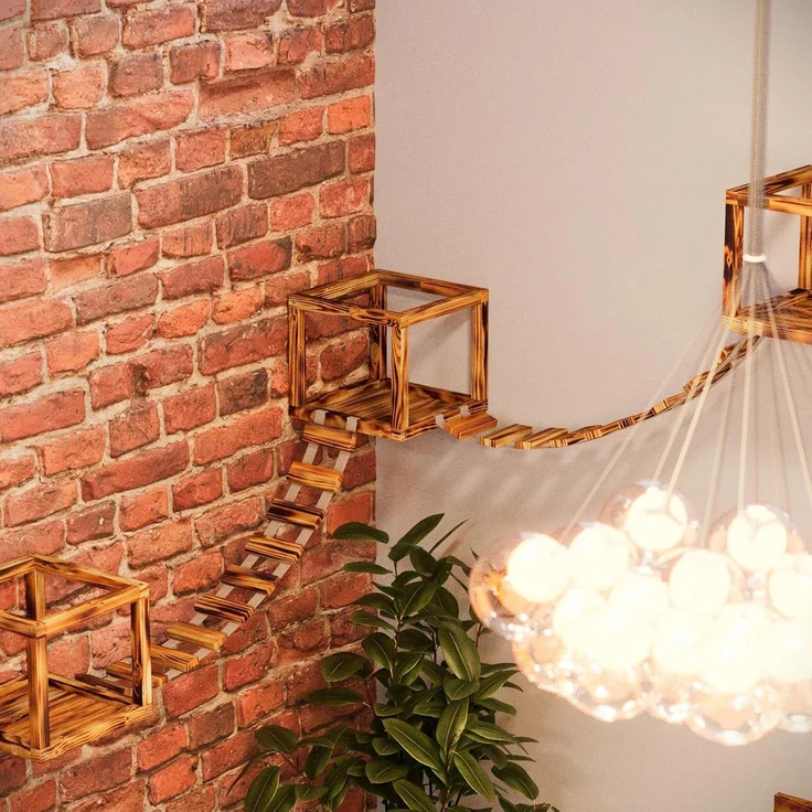 QLS Katzen-Kletterwand Deckenmontage und Wandmontage Geflammt 15-tlg, Set XXL Hängebrüke Katzenbett Katzenregal – Bild 4