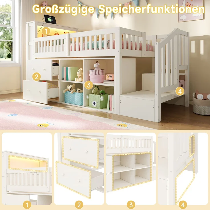 Halbhohes Bett, 90 x 200 cm, mit Schubladen, Staufächern, Leiterschrank, LED-Beleuchtung, Matratze nicht inbegriffen, Weiß – Bild 6
