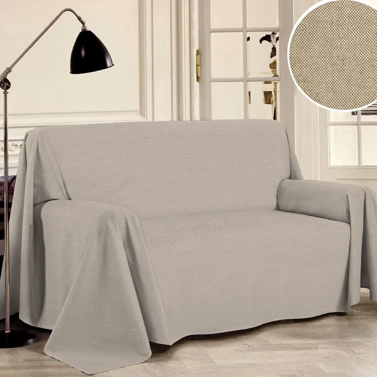 PENSIERI DELICATI Sofabezug 360x290 cm Made in Italy, Garn gefärbtes Abdeckung aus 100% Reiner recycelter Baumwolle, Einfarbig Beige, Ideal als Möbel Tuch, Sofa Überzug, Picknickdecke