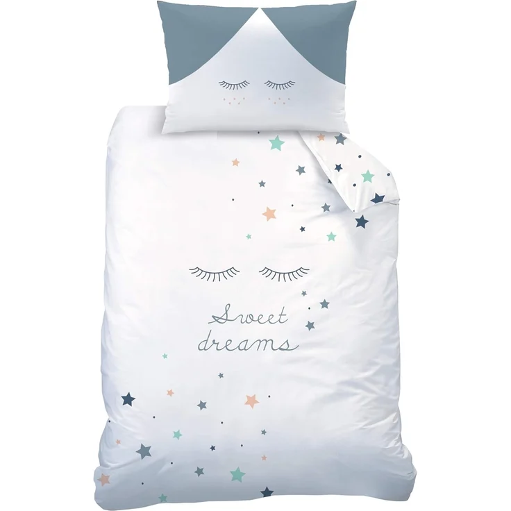 MTOnlinehandel Babybettwäsche Sweet Dreams 100x135 + 40x60 cm, 100 % Baumwolle, Biber, 2 teilig, Sterne & Wimpern süße Träume Kinderbettwäsche – Bild 1