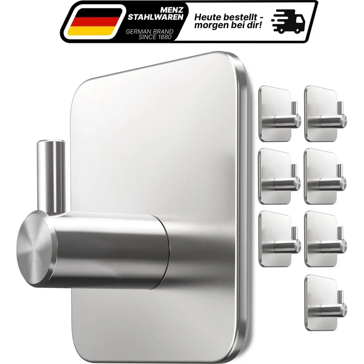 Lindenstein Handtuchhaken 8er-Set Silber – Edelstahl V2A, selbstklebend mit 3M-Pads – Bild 1