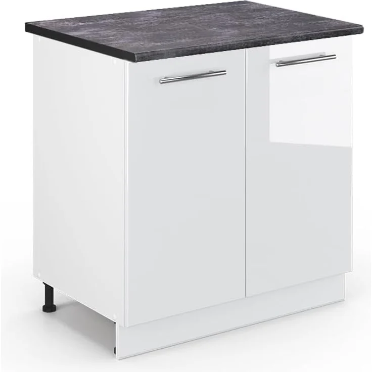 Vicco Spülenunterschrank Fame-Line, Weiß Hochglanz/Weiß, 80 cm mit Regal, AP Anthrazit