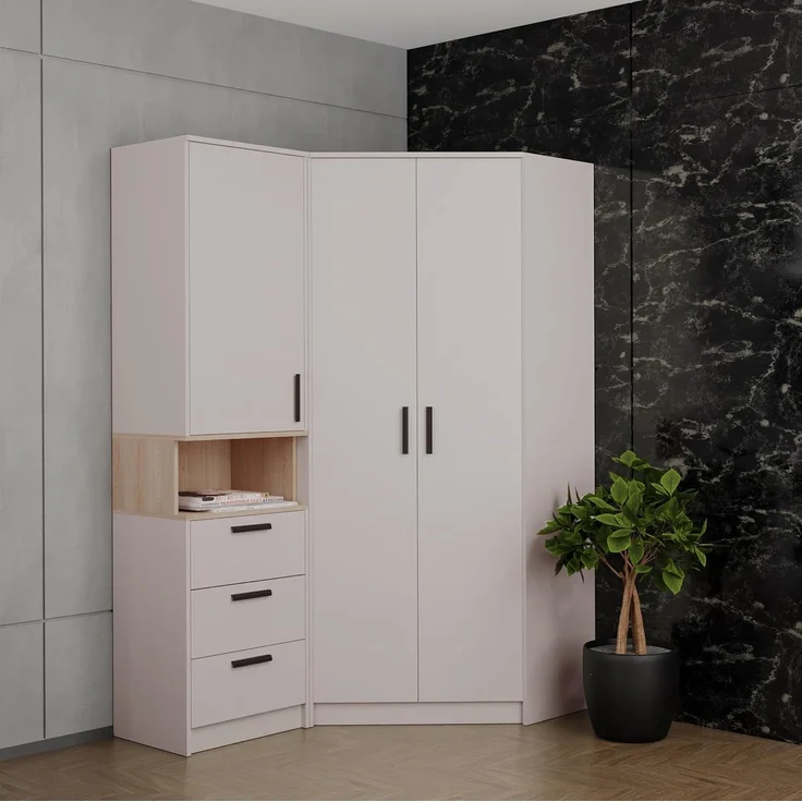 Marmex Möbel Grant 15C Ein modernes Schlafzimmer-Set, Jugendzimmer-Set, Eckkleiderschrank und Bücherregal, laminierte Spanplatte, graubeige cashmere+cremona torro, 143x195x91 cm – Bild 5