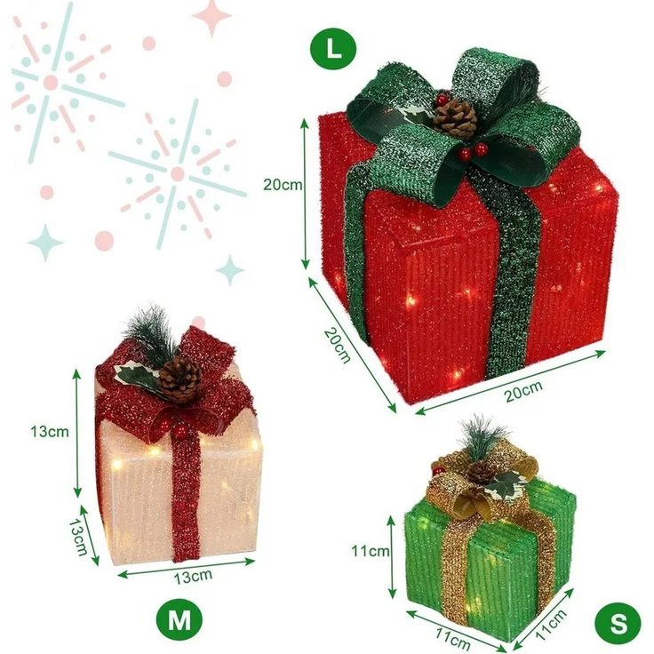LALAHO LED Dekolicht LED Geschenkbox Weihnachtsdeko 3er Set, mit 60 warmweißen LEDs Weihnachtsdeko beleuchtete 20/13.5/11 cm – Bild 3