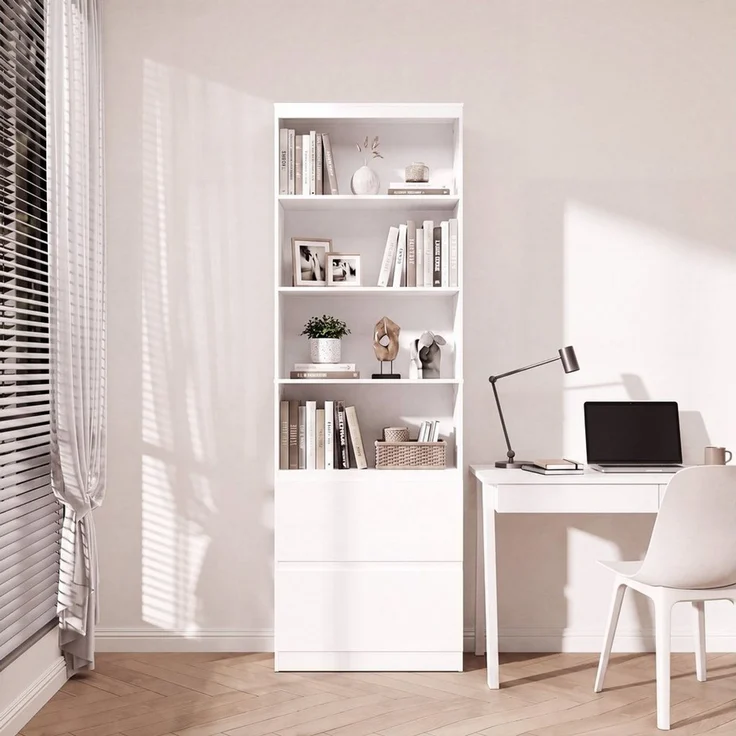 Blishom Bücherregal Schmales Bücherregal mit 4 Ablagen und 2 Schubladen, Offener Aufbewahrungsschrank mit Kippschutz – Bild 3
