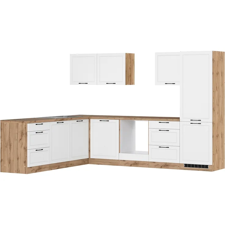 Winkelküche 300/240 cm in weiß und Eiche, Arbeitsplatte in Eiche, MONTERREY-03