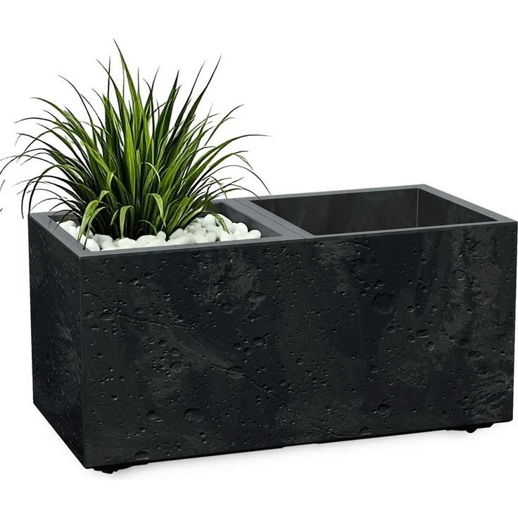 Spetebo Blumentopf Kunststoff Blumenkasten Beton Optik 2 Kammern auf Rollen (Anzahl, 1 St, Stück), 6 Rollen für flexible Platzierung – Bild 1