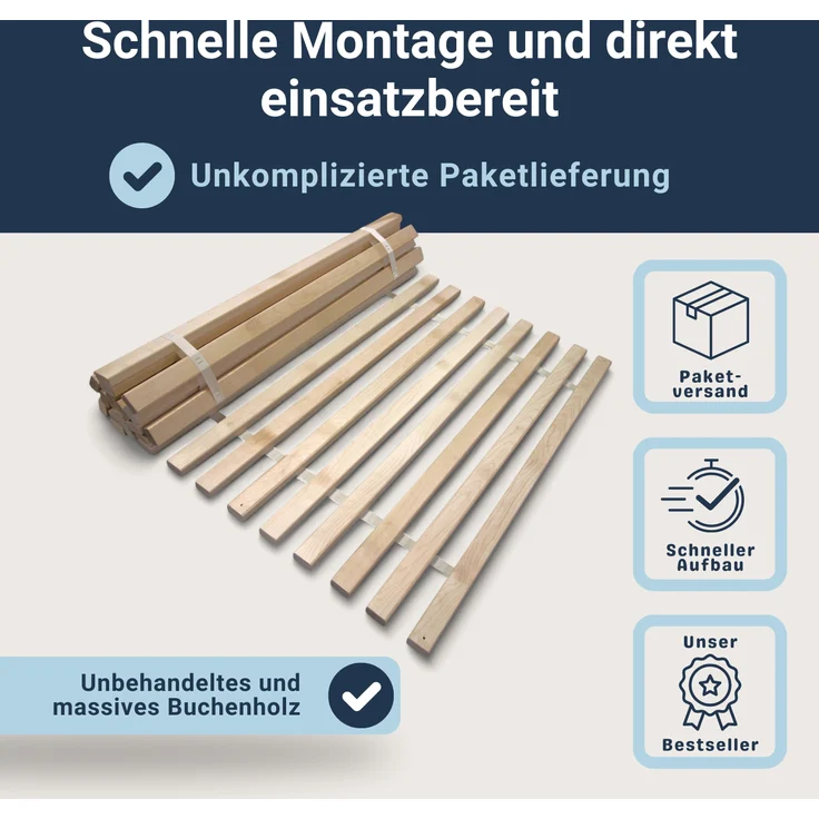 Madera XXL –Rollrost mit 23 extra stabilen Leisten aus massivem Buchenholz, belastbar bis ca. 280 kg, Größe: 60x120 – Bild 3