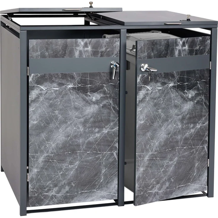 2er Mülltonnenverkleidung HWC-J82, Mülltonnenbox, erweiterbar, Metall 50kg, anthrazit ~ Marmor-Optik dunkel – Bild 1