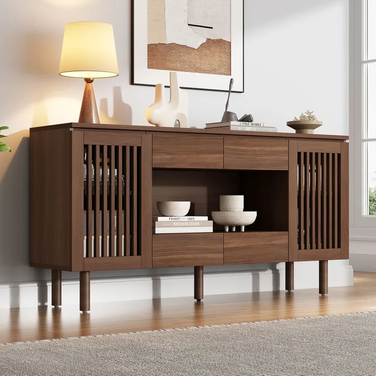 ZUBALIYA Sideboard 140x35x71 cm, mit 4 Schubladen, aus MDF, Walnuss