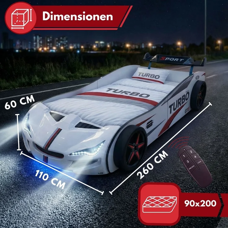 Autobett GTE Kinderbett im Rennwagen-Design mit Lattenrost Farbe Weiß – Bild 3