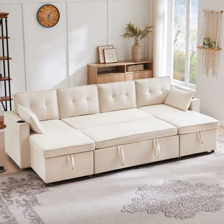 U-förmiges Schlafsofa Baumwoll-Leinen Beige, 270x130x86 cm, mit Stauraum & Getränkehalter – Bild 5