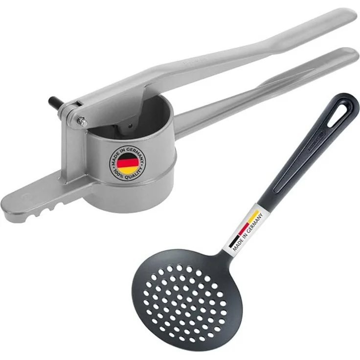 Westmark Spätzle-Set, 2tlg, 1 Spätzle-/Kartoffelpresse mit runder Lochung, Spätzlepresse + 1 Schöpflöffel, Gentle, Aluminiumdruckguss/PA, Silber/Schwarz, 611022E8