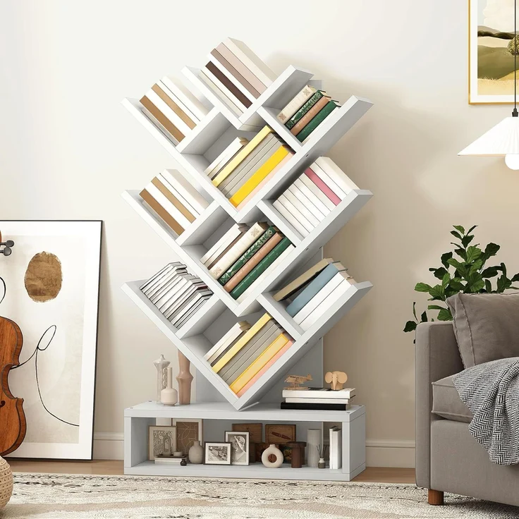 YITAHOME Baum-Bücherregal, Bodenstehendes Standregal, Industrielle Holzregale, Hohe Aufbewahrungsmöglichkeit für Ausstellungsstücke, Lagerregal für Wohnzimmer, Home-Office, Weiß – Bild 1