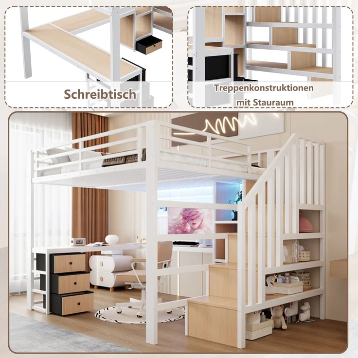 Hochbett mit RGB LED-Streifen, Eckschreibtisch, Treppe, Regal, Lattenrost, Wandgitter und 4 Schubladen, 140x200 cm, Kinderbett mit Rausfallschutz, Metallbett – Bild 5