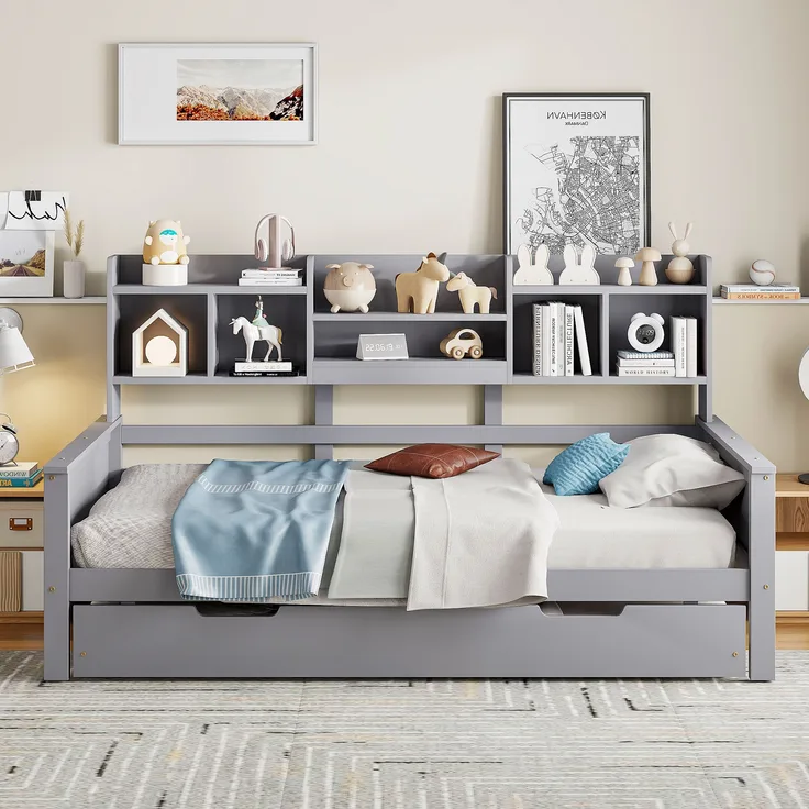 Multifunktionales Schlafsofa Grau 90x200 Mit Ausziehbett Staufächern Massivkiefer 120kg Tragkraft Gästebett
