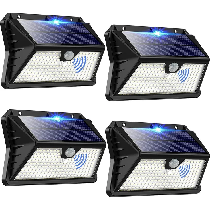 OUILA Solarlampen für Außen mit Bewegungsmelder, 【4 Stück】 185 LED 3 Modi Solarleuchten für Außen IP65 Wasserdichte, LED Außenwandleuchten für Wandleuchte, Garten, Hof, Garage, Haustüren (Kaltes Weiß)