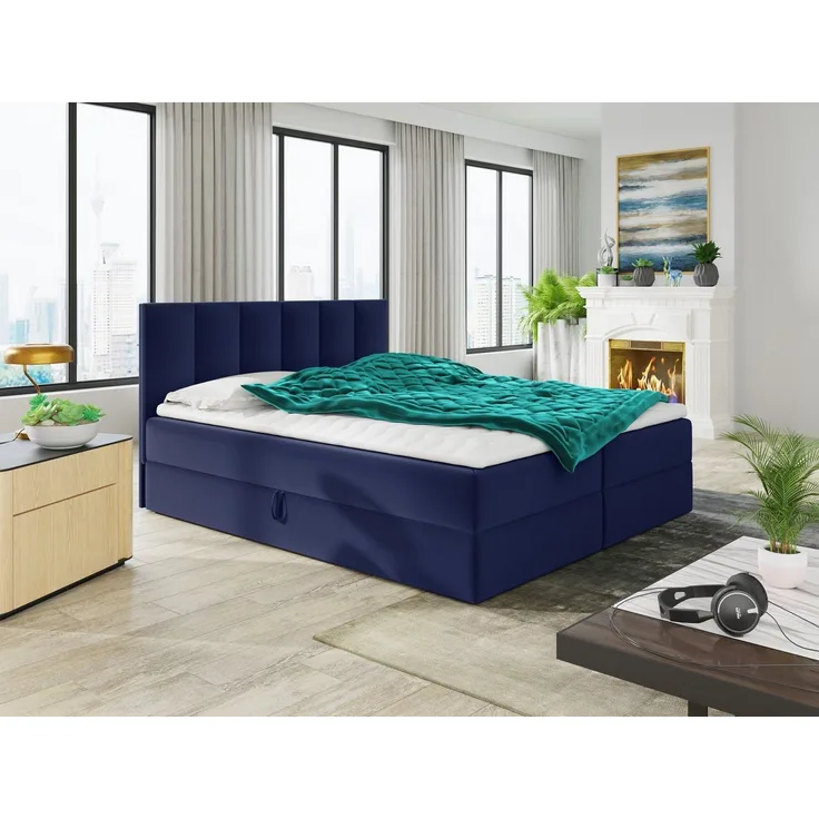 Boxspringbett Star mit Topper, Bonell-Matratze und 2 Bettkästen, Doppelbett, Polsterbett, Bett (Dunkelblau (Kronos 09), 180 x 200 cm)