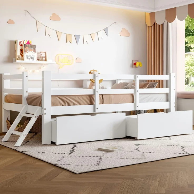 Kinderbett mit Trittleiter und 2 Schubladen, 90x200 cm, Rausfallschutz, Stauraum, Kiefer – Bild 1