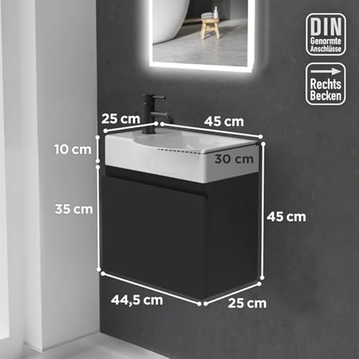 Alpenberger Badmöbel-Set - Gäste WC Waschbecken mit Unterschrank 45 cm Breit, (Badschrank 2-tlg, Waschtisch hängend), Waschbeckenunterschrank mit Softclose - Schwarz - Rechts Becken – Bild 7