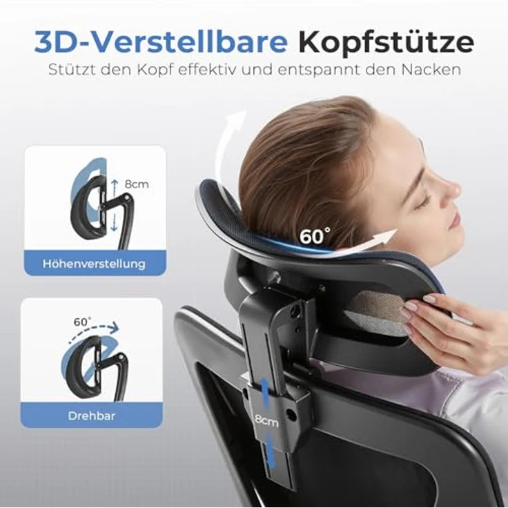 COMHOMA Bürostuhl Ergonomisch [TESTSIEGER], Schreibtischstuhl mit 3D-Kopfstütze & 3D-Lendenwirbelstütze, verstellbare Armlehnen, Office Chair mit Wipp- und Kippfunktion – Bild 8