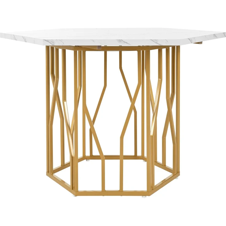 5-teilig Esstisch sechseckig 115.5×100 cm mit Marmormuster Tischplatte & goldenem Metallgestell mit 4 grüner Esszimmer stühle – Bild 7
