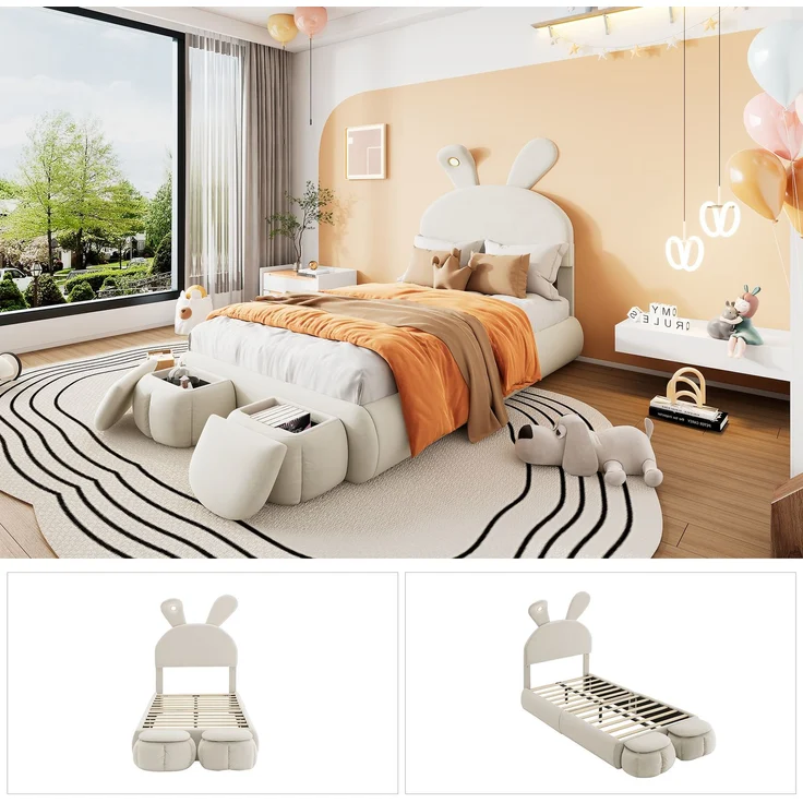 Polsterbett 90×200 mit Hasenohren & dimmbarem LED-Licht, Samtbezug Beige, inkl. Aufbewahrungshockern Einzelbett – Bild 7
