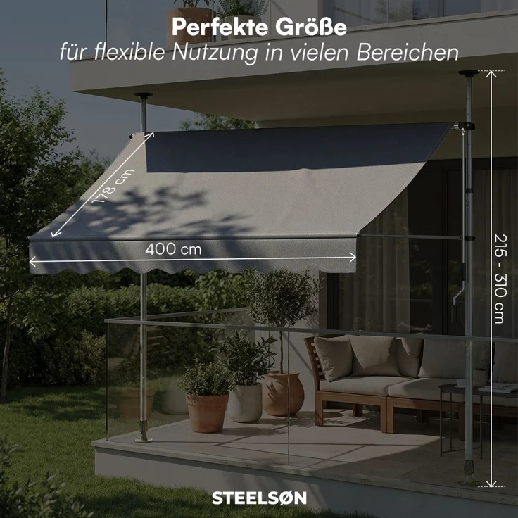 STEELSØN 'Dioran' Klemmmarkise mit Handkurbel 400x180 cm, anthrazit, stufenlos höhenverstellbar, wetterfest und UV-beständig, Balkonmarkise ohne Bohren – Bild 9