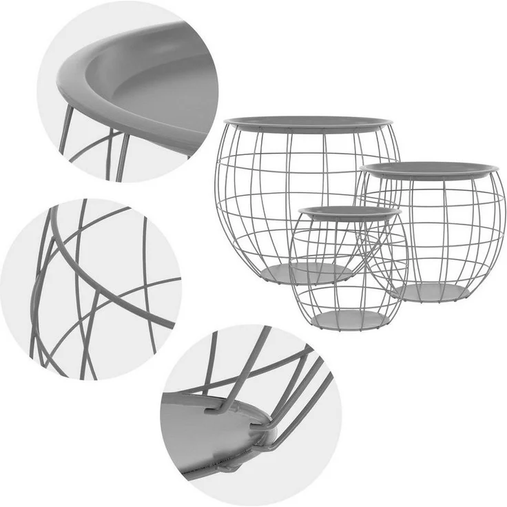 ML-DESIGN Beistelltisch Sofatische aus Metall rund Wohnzimmertische Satztische (3-St), Couchtisch Grau Metallkörbe Drahtkorb mit abnehmbarer Tischplatte – Bild 3