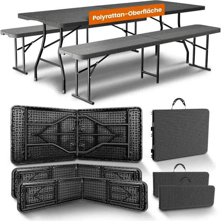 NewHabitat Bierzeltgarnitur 3-tlg., klappbar & wasserabweisend, Polyrattan, 1 Tisch & 2 Bänke