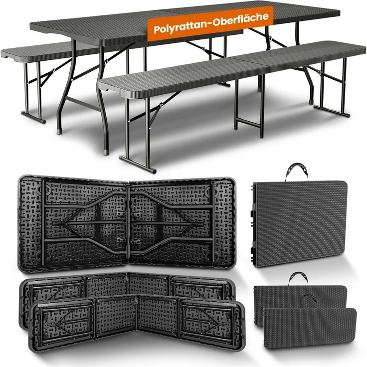 NewHabitat Bierzeltgarnitur 3-tlg., klappbar & wasserabweisend, Polyrattan, 1 Tisch & 2 Bänke – Bild 1