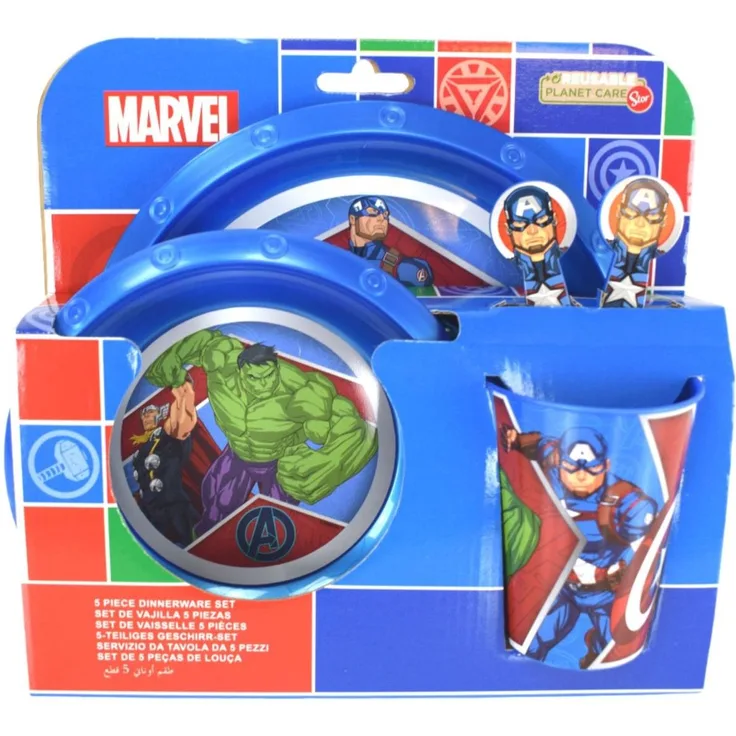 Kunststoff Kindergeschirr Set (5 tlg.) Schüssel, Teller, Becher & Besteck MARVEL Avengers
