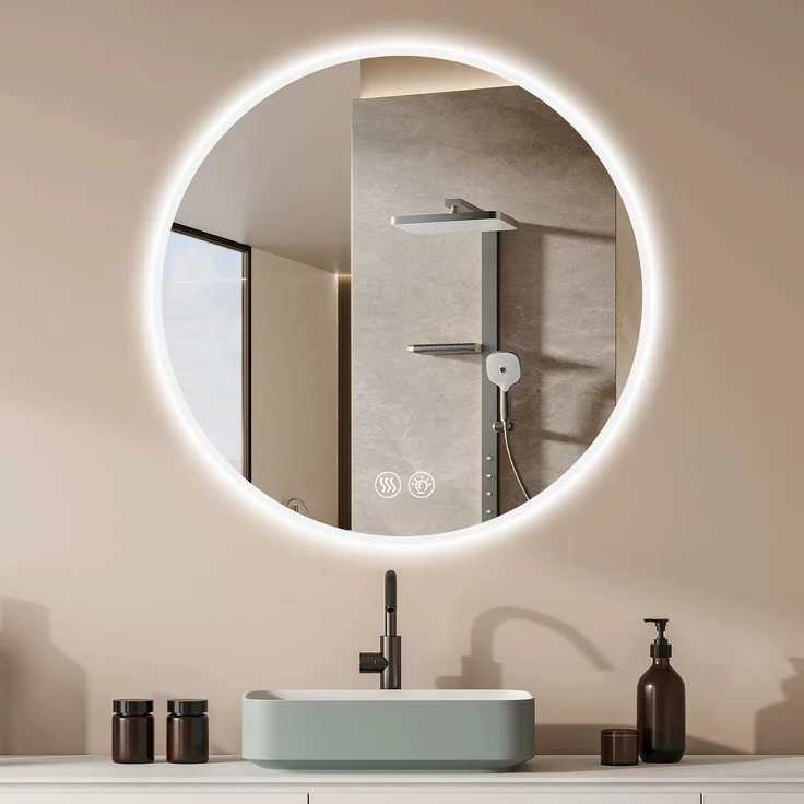 Abrihome LED-Badezimmerspiegel mit 3 Farbtemperaturen, Dimmfunktion und Anti-Beschlag-Funktion, Silber, Ø70 cm – Bild 1