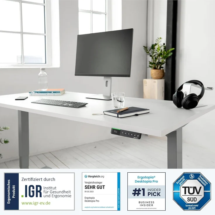Desktopia Pro X - Elektrisch höhenverstellbarer Schreibtisch / Ergonomischer Tisch mit Memory-Funktion, Weiß, Gestell Schwarz, 160x80 cm – Bild 3