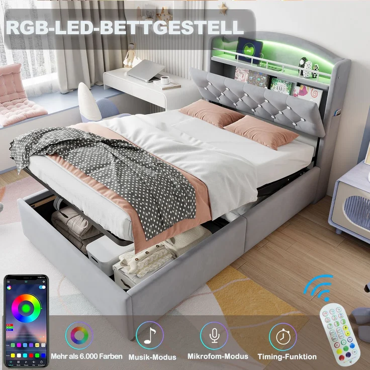 Kinder Polsterbett 90x200, Samt Einzelbett Multifunktionsbett mit Stauraum mit LED und USB Grau – Bild 6