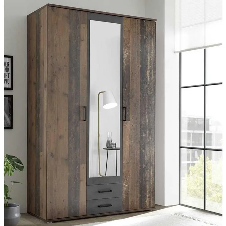 POL Power 'Chicago' Kleiderschrank mit Spiegel, 3-türig, Old Style/Betonoxid Optik, 120 x 197 x 54 cm (B/H/T)