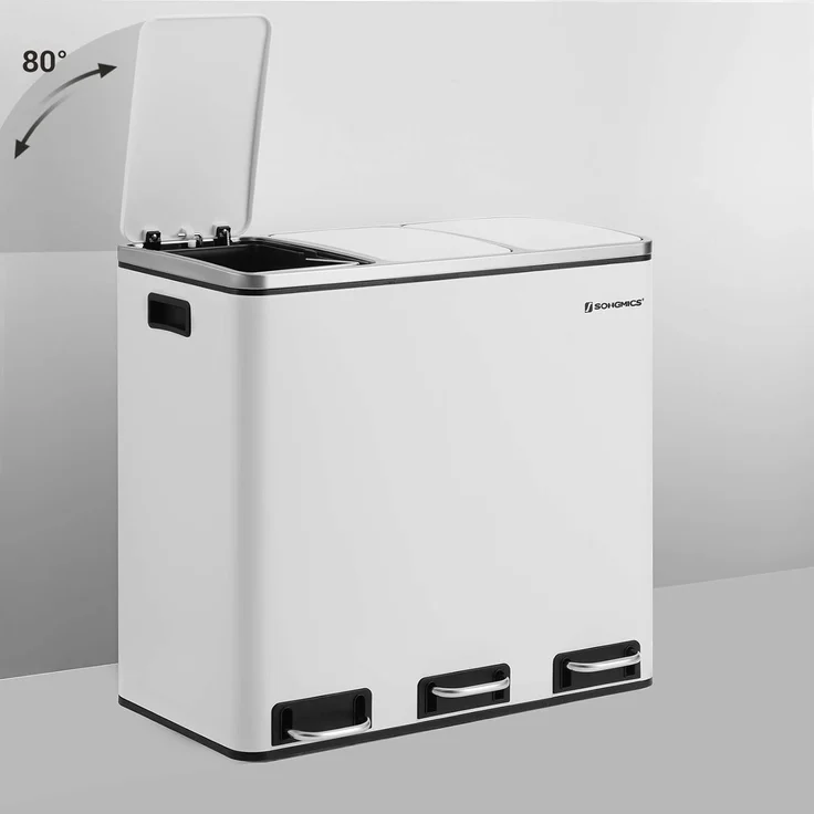 Songmics Mülleimer mit Deckel mit langsamem Verschluss, Inneneimern & Griffen, Weiß, 3 Fächer, 3x18 Liter – Bild 4