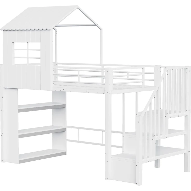 Merax Hochbett 90×200 cm, Kinderbett, Jugendbett, Hausdesign, Mehrstöckiges Stauraumregal, Sichere Treppe (montierbar links/rechts), Weiß – Bild 7