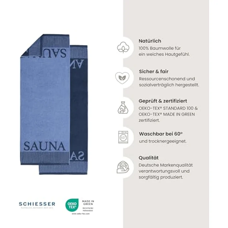 Schiesser 'Rom' Saunatuch, Baumwollfrottier hellblau, 75 x 200 cm – Bild 3