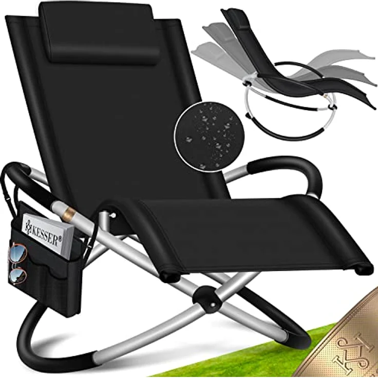 KESSER® Relaxliege Liegestuhl Inkl. Tasche + Abdeckung Gartenliege Sonnenliege Gartenstuhl Klappstuhl faltbar | Schwungliege | Schaukelsessel | ergonomische Relaxsessel | 180kg Belastung, Schwarz – Bild 2