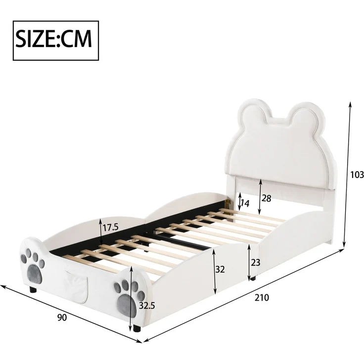Kindereinzelbett 90×200 cm aus Samt-Stoff, weiß – Bild 3
