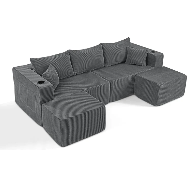DESVIAE Sofa 3-Sitzer mit beweglichen Ottomanen, Cordstoff, Grau, mit Getränkehaltern und Seitentaschen, 230 x 138 x 75 cm – Bild 7