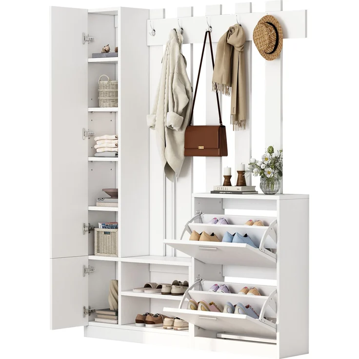 135*25*180cm Garderoben-Set mit Spiegel, Flurschrank, Hängeschrankregal, Kompaktgarderobe, Mit 2 unteren Klapptüren-Schuhschränken + 2 Aufbewahrungsschränke, Geeignet für Türöffnungen, Flure,Weiß--Weiß--135x25x180cm--YOUDENOVA – Bild 8