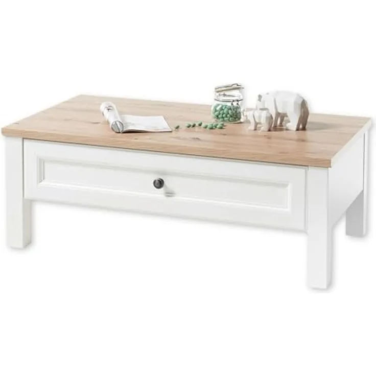 Stella Trading TOSKANA Couchtisch in Artisan Eiche Optik, Weiß - Sofatisch im Landhausstil mit Schublade für Ihr Wohnzimmer - 110 x 41 x 60 cm (B/H/T)