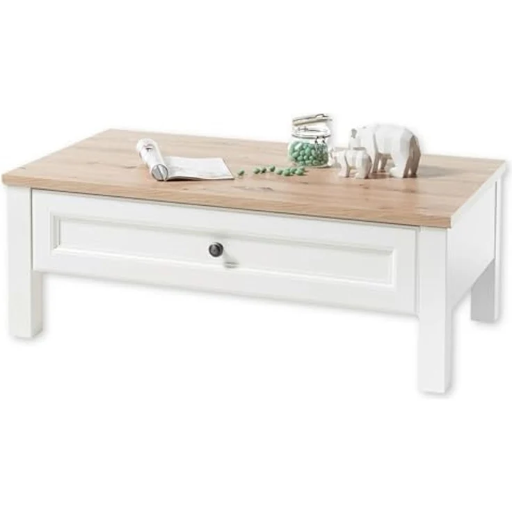 Stella Trading TOSKANA Couchtisch in Artisan Eiche Optik, Weiß - Sofatisch im Landhausstil mit Schublade für Ihr Wohnzimmer - 110 x 41 x 60 cm (B/H/T) – Bild 1
