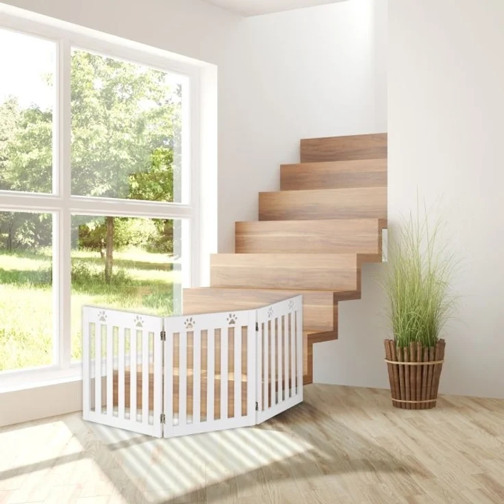 Hundeabsperrgitter, freistehendes Schutzgitter, HxB: 60x153 cm, MDF, zusammenklappbares Türgitter, weiß – Bild 2