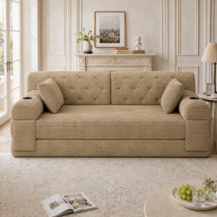 TavilaEcon 2-Sitzer Schlafsofa, komprimiertes Cord Sofa mit hoher Rückenlehne khaki 81 × 80 × 168 cm (H × T × B) – Bild 4