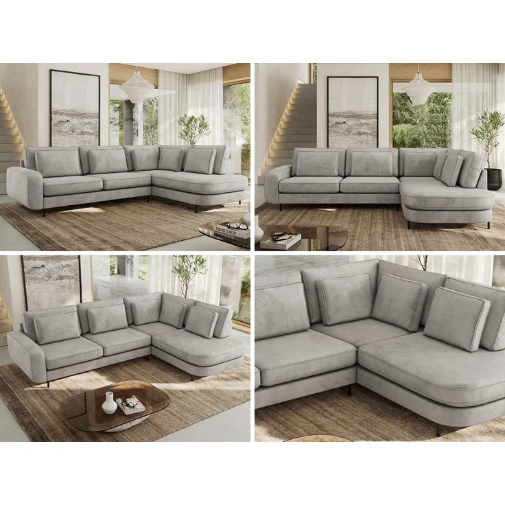 CALENO L-Form Ecksofa 317x225 cm, Massivholz-Rahmen & Wellenfedern, Sitzhöhe 51 cm, modernes Polstersofa rückenecht bezogen & freistehend - Hellgrau Velvet - Rechts Seite – Bild 2