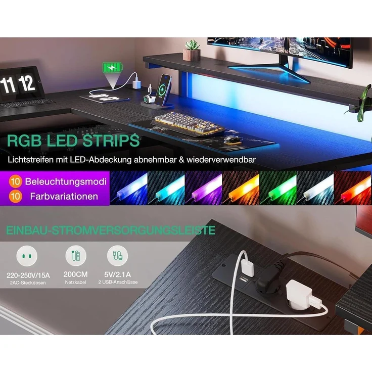 ODK Eckschreibtisch LED 2 Steckdosen 2 USB Ladeanschluss 155x110cm Schwarz – Bild 6