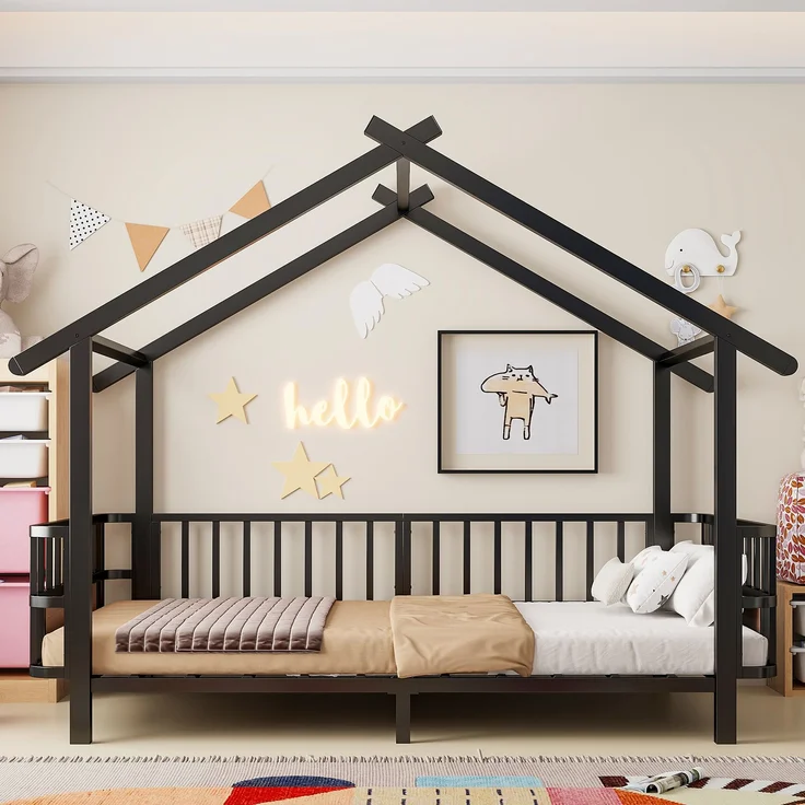 Kinderbett aus Metall in Hausform, 90 x 200 cm, mit Sicherheitsgitter, Dachdesign und dekorativem Rahmen, für Jungen und Mädchen, Schwarz – Bild 2
